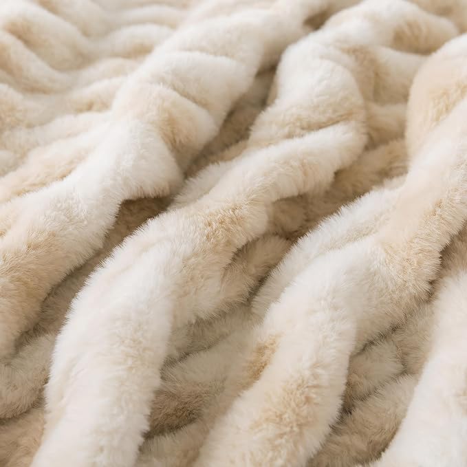 WDCOZY Ruched Faux Fur Throw Blanket Soft Cozy Fluffy Luxurious Blankets Couch Bed Sofa Chair Home Decor Warm Furry Fall Winter Plush Rabbit Fur Bubble Blanket 60" x 80", Caramel