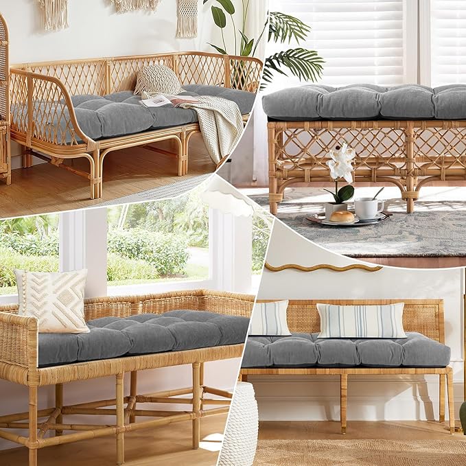 Bench Cushion 48 Inch - Chenille Fabric, High-Density Foam, Non-Slip Bottom, Soft Durable Indoor Tufted Long Seat Cushion for Window Garden Furniture (Gray, 48x16x4 Inch)