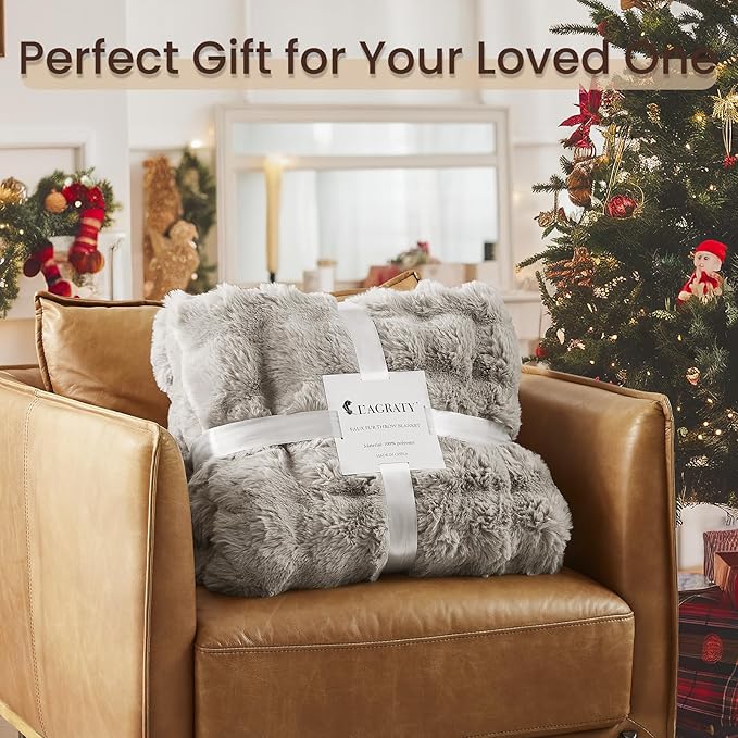 L'AGRATY Faux Rabbit Fur Blanket: 90" x 90" Queen Luxury Soft Fluffy Thick Fur Throw Blanket for Couch Bed Sofa - Cozy Plush Bubble Blankets for Winter: Flannel Fleece Decorative Blanket(Castle Grey)