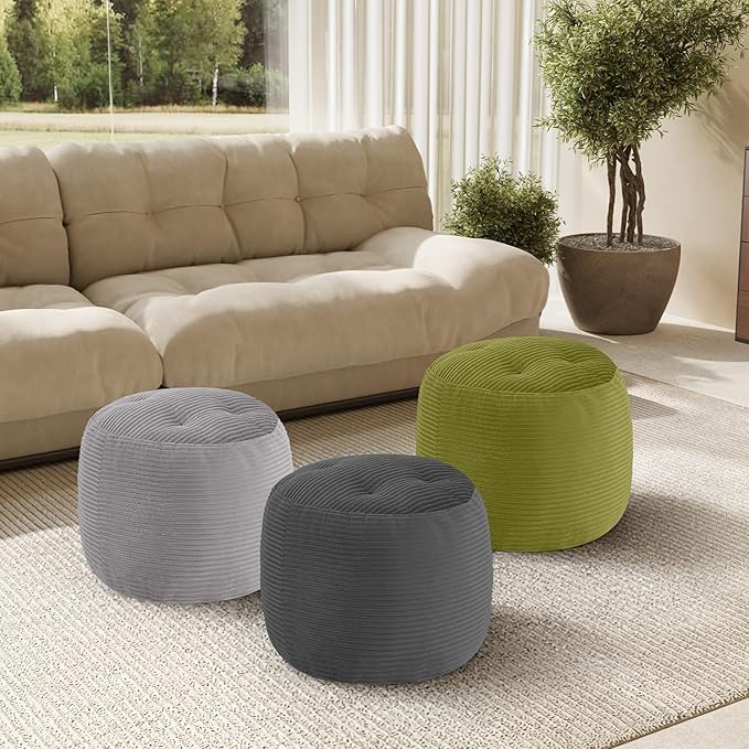 MeMoreCool Stuffed Round Pouf Ottoman Foot Rest, Floor Pouf Foot Stool with Soft Foam Chunk Filling, Round Small Ottoman Footstool Circle Footrest for Couch Living Room, Corduroy Green