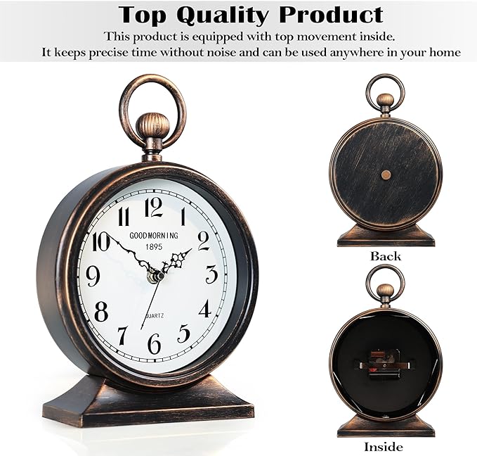 AYRELY® 7-Inch Vintage Mantel Clock with Handle,Antique Metal Desk Clocks Battery Operated,Retro Table Clock for Bedroom Living Room Shelf Farmhouse Fireplace Décor