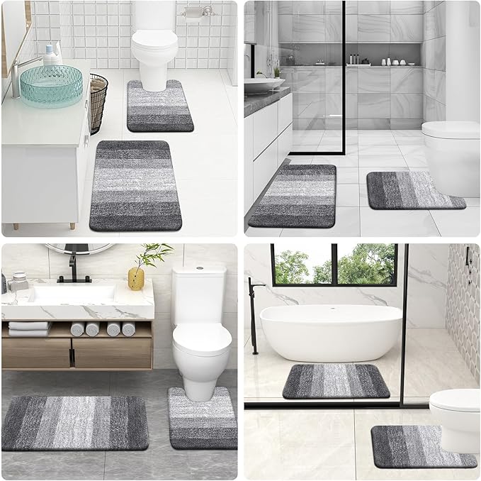 OLANLY Bathroom Rugs Sets 4 Piece, Soft Microfiber Absorbent Bath Mat, U-Shaped Contour Toilet Mat and Toilet Lid Cover, Quick Dry, Machine Washable, Toilet Cover and Rug Set for Bathroom, Grey