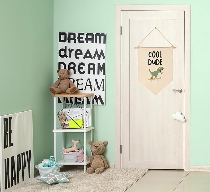 Dinosaur Skateboard Idea-Sign Above Crib-Baby Flag Wall Decor Gifts for Baby Boys Kids-Canvas Hanging Pennant Banner Wall Sign Gifts for Nursery Baby Room Playroom Bedroom Front Door