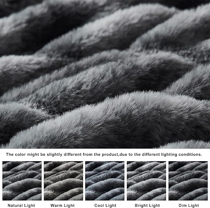 WDCOZY Ruched Faux Fur Throw Blanket Soft Cozy Fluffy Luxurious Blankets Couch Bed Sofa Chair Home Decor Warm Furry Fall Winter Plush Rabbit Fur Bubble Blanket 50" x 60", Dark Grey
