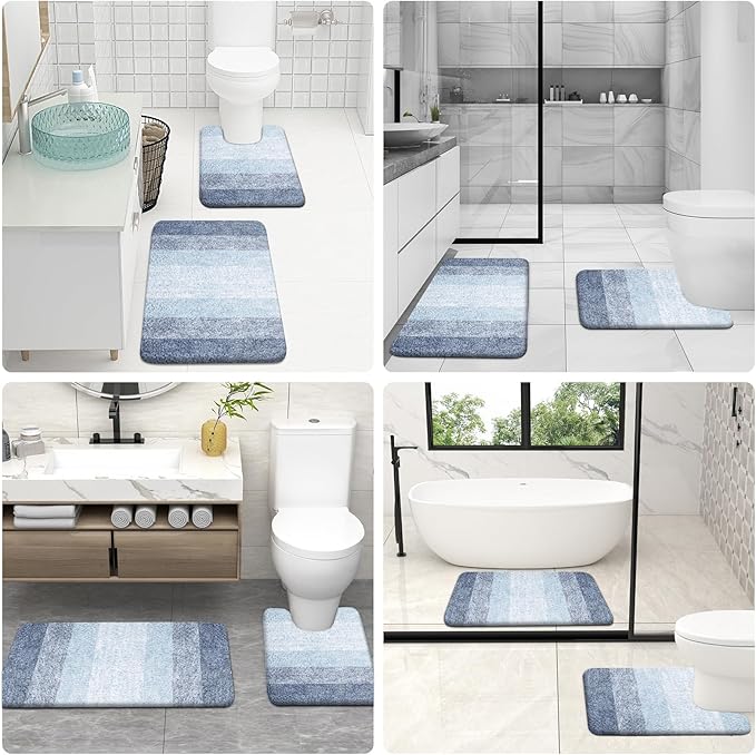 OLANLY Bathroom Rugs Sets 4 Piece, Soft Microfiber Absorbent Bath Mat, U-Shaped Contour Toilet Mat and Toilet Lid Cover, Quick Dry, Machine Washable, Toilet Cover and Rug Set for Bathroom, Blue