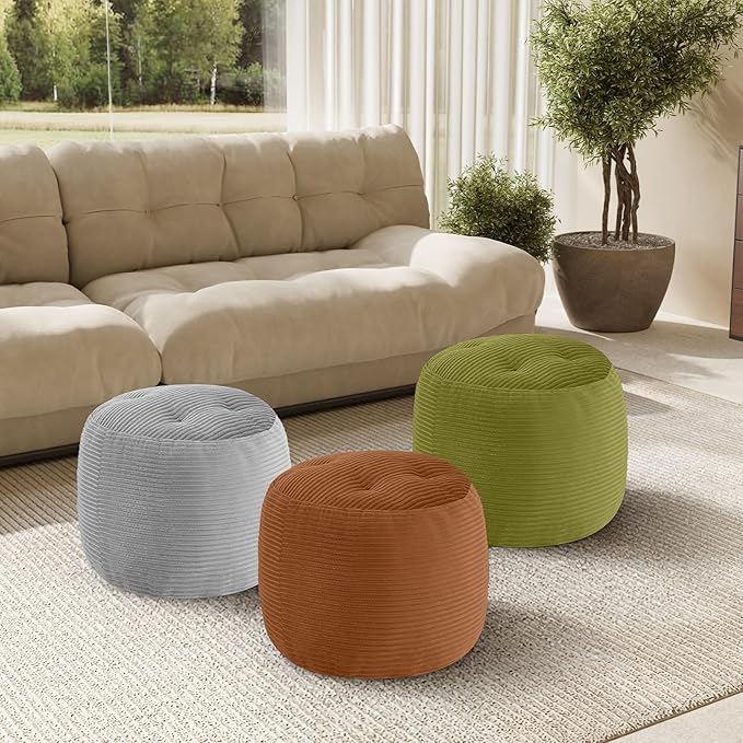 MeMoreCool Stuffed Round Pouf Ottoman Foot Rest, Floor Pouf Foot Stool with Soft Foam Chunk Filling, Round Small Ottoman Footstool Circle Footrest for Couch Living Room, Corduroy Coffee