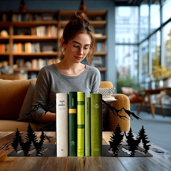 Matte Black Iron Heavy Duty Bookends - Laser-Engraved Mountain Design, Decorative Shelf Stoppers for Books, Space-Saving Desk Organizer (Modern, Rustic, Vintage Style)