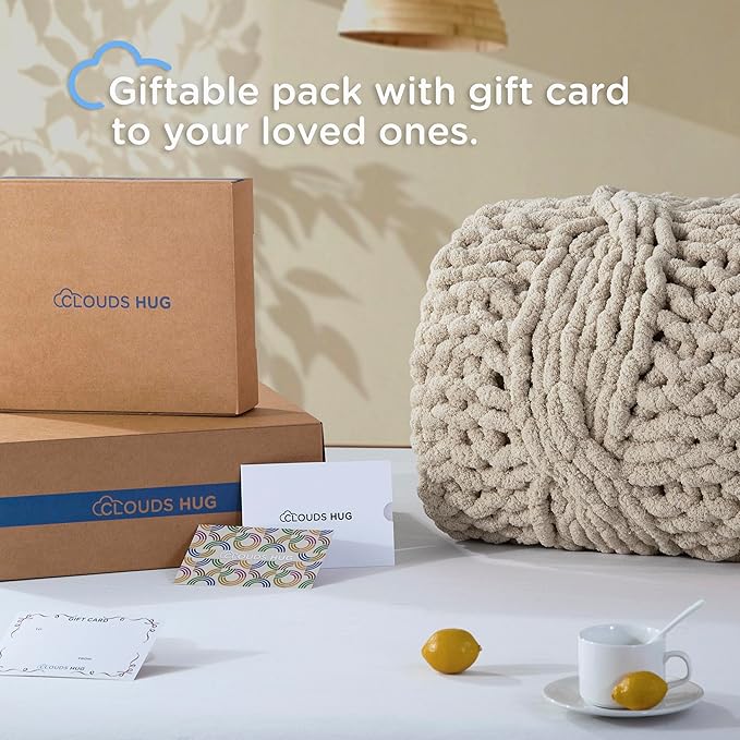 Chunky Knit Blanket Throw - 100% Hand Knitted Chunky Soft Throw Blanket for Couch, Thick and Warm for Winter, Linen, 40x50 Inches