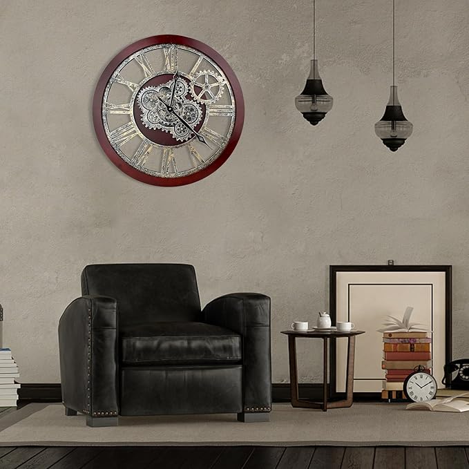 HOIBAI Large Wall Clock, 24 Inch Wall Clocks for Living Room Decor Farmhouse Vintage Rustic Kitchen Wall Decor Vintage Roman Big Oversized Wall Clock for Home Bedroom House Office, Moving Gears Clock
