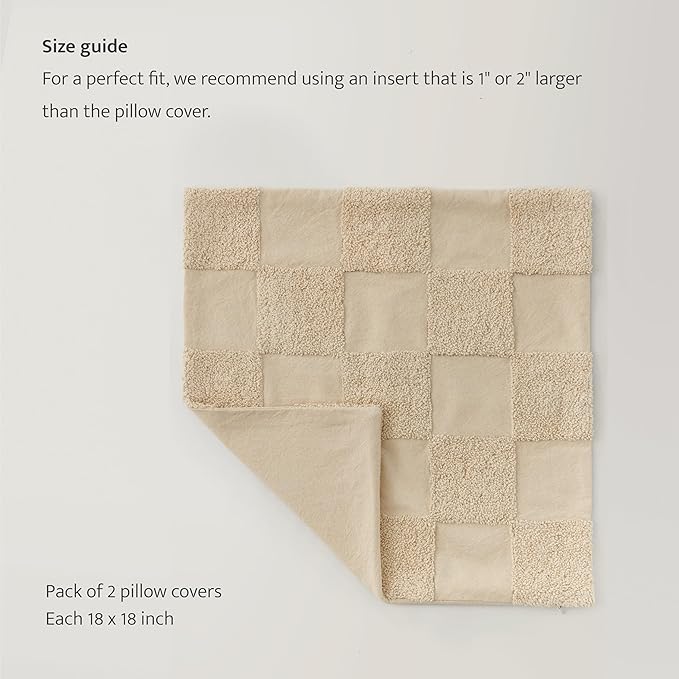 Double Stitch Checkered Throw Pillow Covers - 100% Cotton Set of 2 Tufted Boho Decorative Pillow Covers 18x18, Made in India, Square Cushion Case, Modern Home Decor for Couch, Sofa, Living Room, Oat