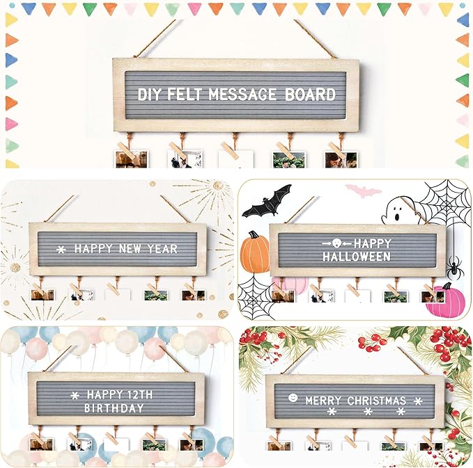Buecasa Slotted Felt Board with 340 Letters and 30 Clips - Rustic Picture Frames Collage Wall Decor Sign - Multi Photos Cards Organizer 15.7x5 Inches (White)