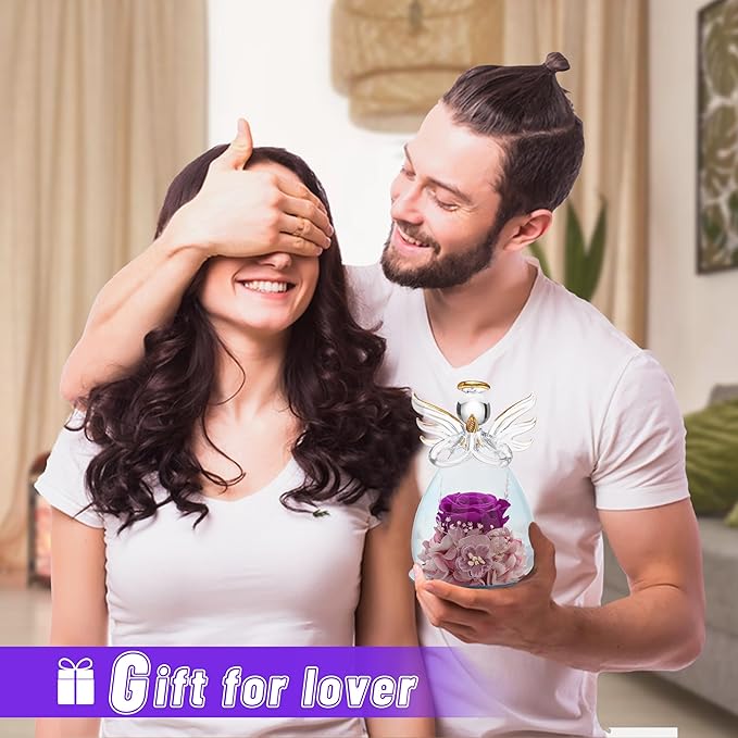 ANLUNOB Preserved Rose Birthday Gifts for Women Mom Grandma Wife, Glass Angel Figurines Gifts with Pretty Purple Flowers for Anniversary Wedding