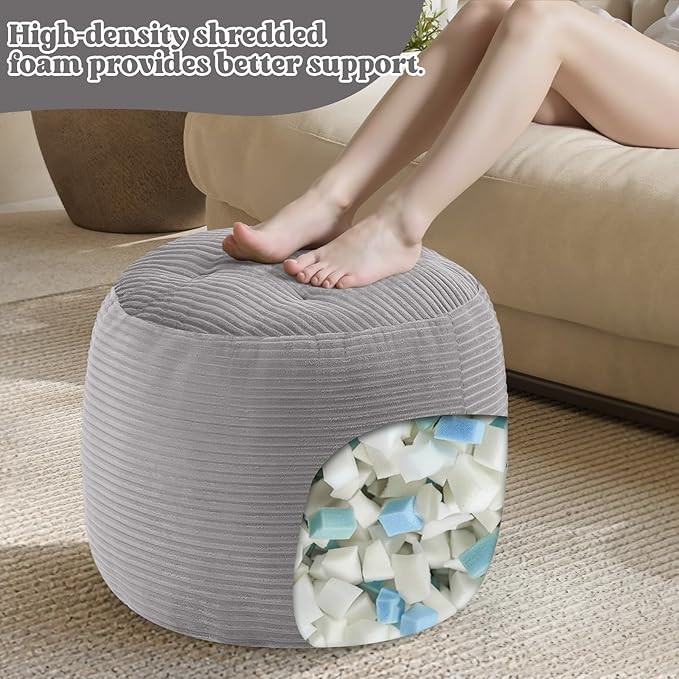 MeMoreCool Stuffed Round Pouf Ottoman Foot Rest, Floor Pouf Foot Stool with Soft Foam Chunk Filling, Round Small Ottoman Footstool Circle Footrest for Couch Living Room, Corduroy Grey