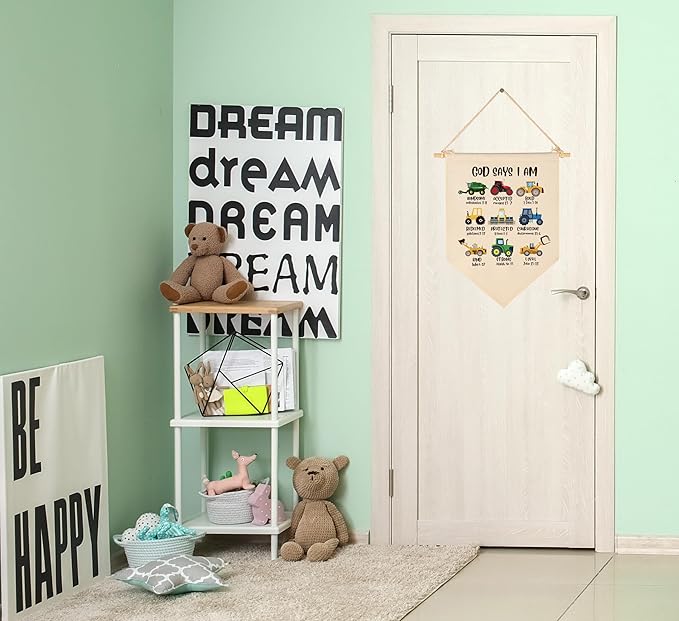 God Says I Am-Engineering Vehicle Theme-Scripture Gift for Baby Boys Girls Kids-Christian Bible Verses-Canvas Hanging Flag Pennant Banner Wall Decor Gift for Nursery Baby Room Homeschool Playroom