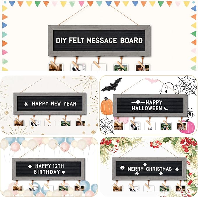 Buecasa Slotted Felt Letter Board with 340 Letters and 30 Clips - Rustic Picture Frames Collage Wall Decor Sign - Multi Photos Cards Organizer 15.7x5 Inches (Grey)