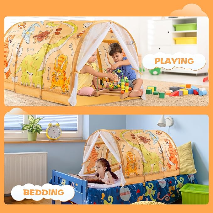 Bed Tent for Kids with LED Strip Lights Toddler Bed Tent Foldable Game House for Children Play Tents for Girls Boys Sleeping Canopy Playhouse (Yellow-Animal)