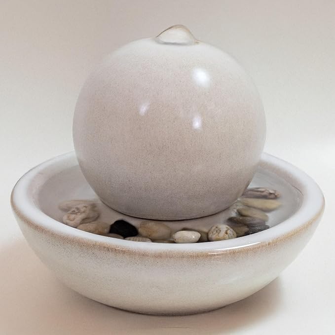 Sunnydaze Tabletop Ceramic Tabletop Fountain with Orb - Relaxing Indoor Fountain for Meditation - for Office, Bedroom, or Living Room - White