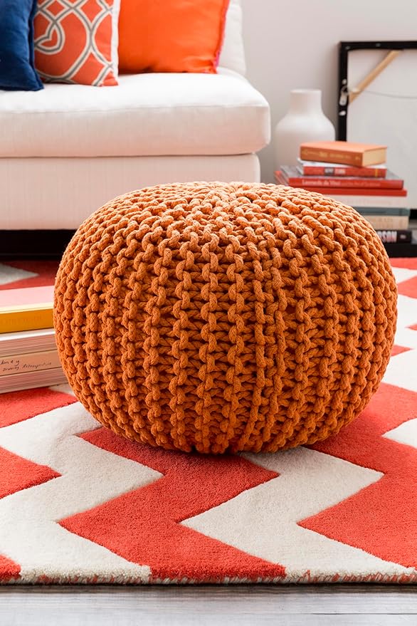 Mark&Day Pouf Ottoman, Harmannsdorf Texture Bright Orange Round Pouf Foot Rest for Living Room, Bedroom and Boho Home Decor (14"x20"x20")