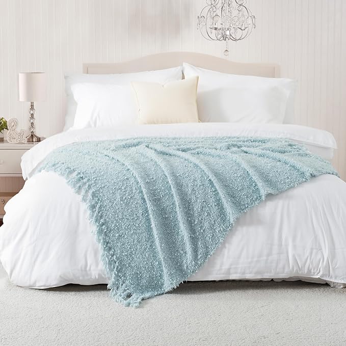 Winter Knit Throw Blanket Fluffy Fuzzy Soft Lightweight Cozy Farmhouse Tassels Chunky Knitted Throws for Couch Sofa Bed (Dream Blue, 50"x60")