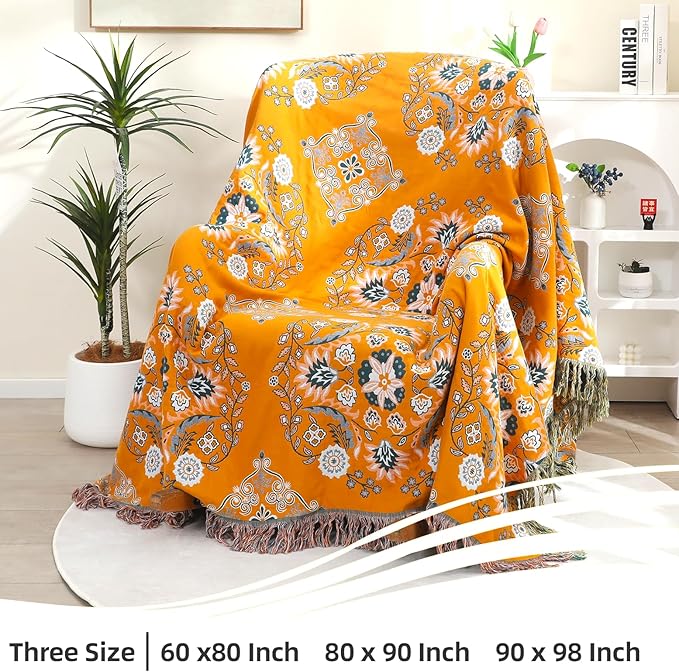 Boho Throw Blanket, 100% Cotton Soft Sofa Bed Queen Throw-Floral Farmhouse Decor Blanket, Reversible Bohemian Yellow Throw for Chair Couch Quilt and Gift, 80" x 90"