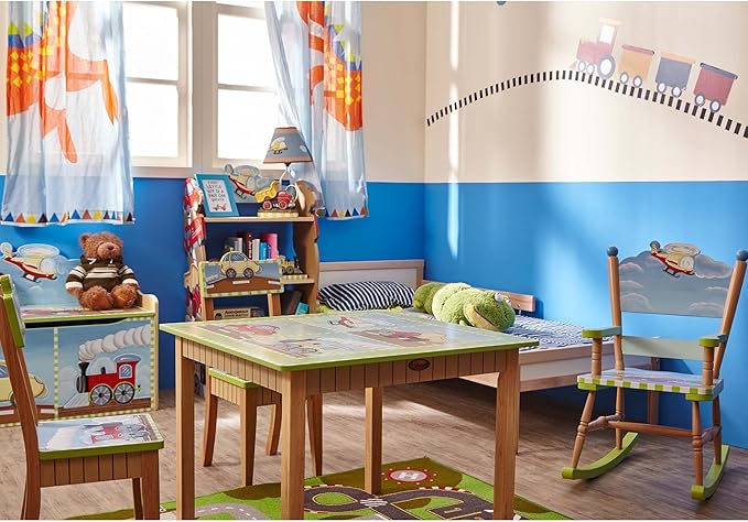 Fantasy Fields Kids Small Table Lamp, Truck Lamp, Car Lamp for Boys Room with Construction Truck Base & Helicopter Printed Shade, Transportation Themed