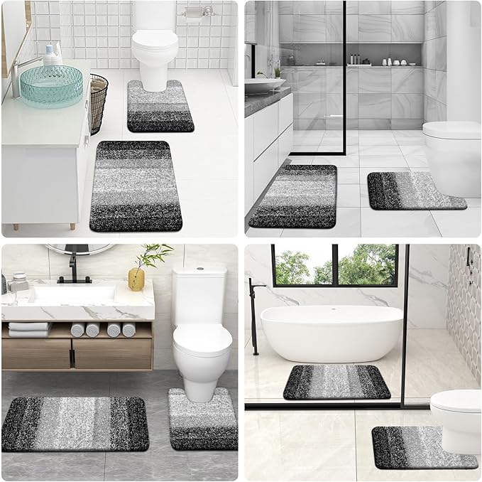 OLANLY Bathroom Rugs Sets 4 Piece, Soft Microfiber Absorbent Bath Mat, U-Shaped Contour Toilet Mat and Toilet Lid Cover, Quick Dry, Machine Washable, Toilet Cover and Rug Set for Bathroom, Black
