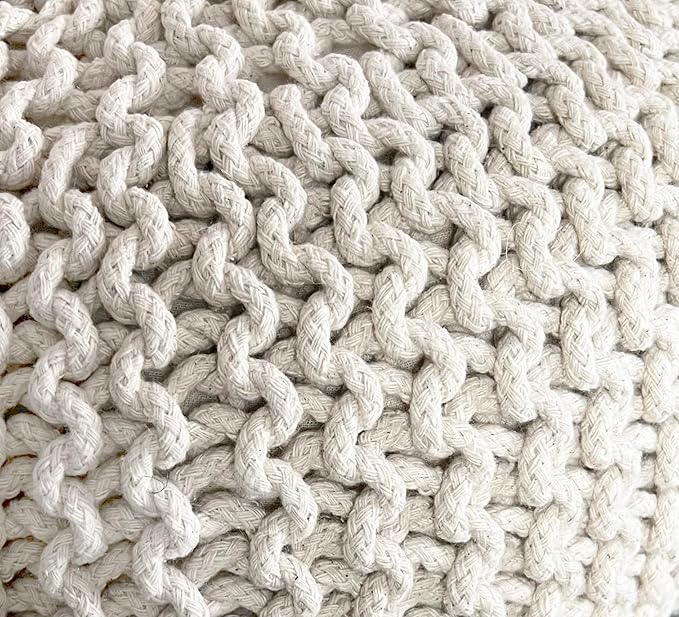 FRELISH DECOR Round Pouf Ottoman Hand Knitted 100% Cotton Pouf Foot Stool - Knitted Bean Bag - Floor Chair for Living Room Bedroom - Foot Rest for Couch (20 Diameter x 14 Height) - Natural