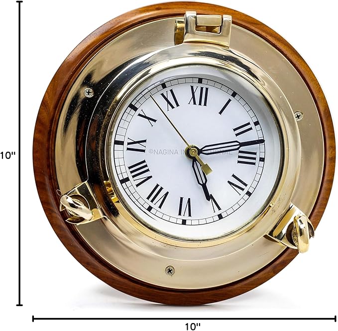 Nagina International Large Nautical Authentic Brass Porthole Clock On Wooden Rosewood Mount | Excellent Quality Nautical Decor for Real Navals (10 Inches)
