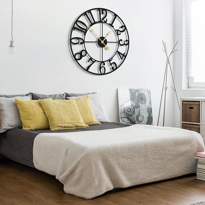 Large Wall Clocks for Living Room Decor, 32 Inch Round Black Metal Silent Non Ticking Battery Operated Jumbo Numerals Modern Vintage Decorative Clock Wall for Bedroom,Kitchen,Office,Farmhouse