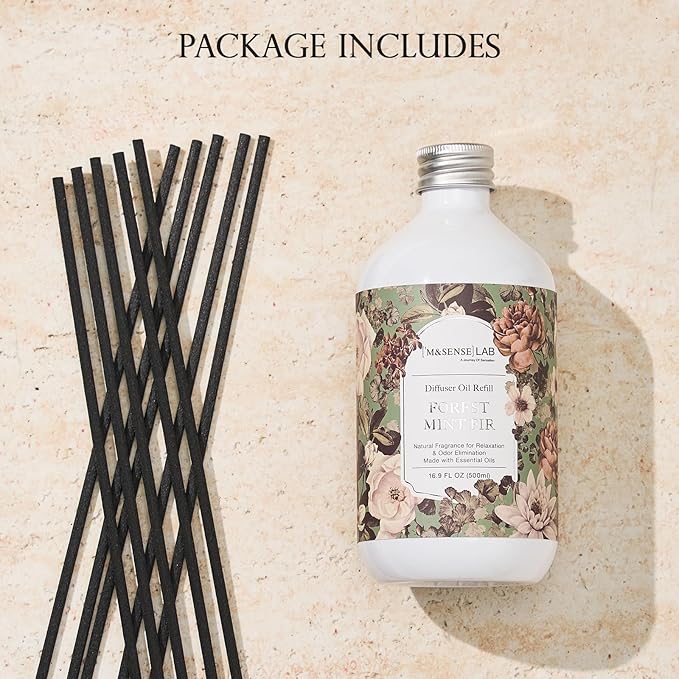 M&SENSE Reed Diffuser Oil Refill, 16.9 Fl Oz with 10 Hollow Reed Sticks, Forest Mint Fir Scent Home Fragrance, Scented Oil Refills, Natural Essential Oils for Diffusers, Décor for Home Spa Office