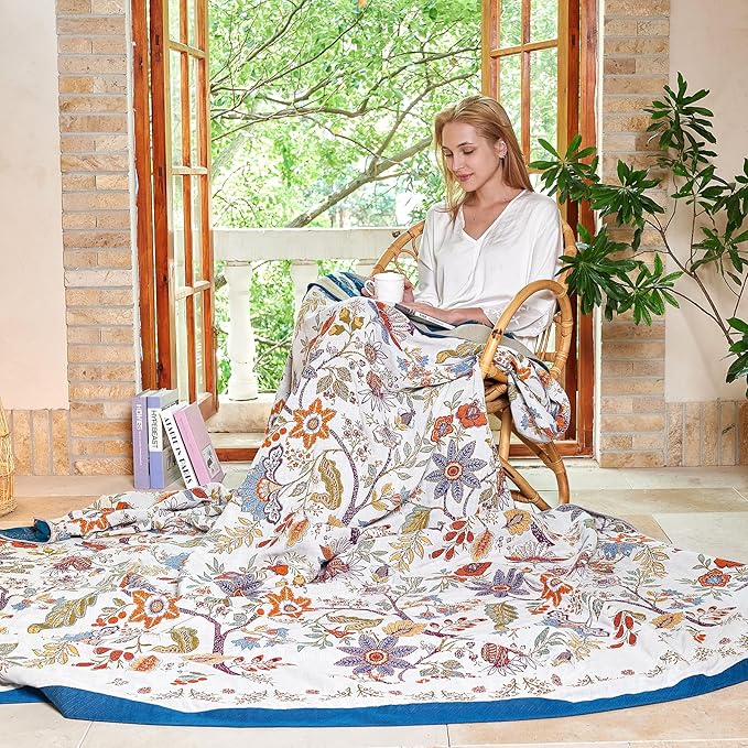 Boho Throw Blanket, 100% Organic Cotton Breathable Skin-Friendly Ultra Soft Bed Quilt Throw - All Season Floral Farmhouse Décor Luxury Blanket for Sofa Couch Chair and Gift. 50" x 60"