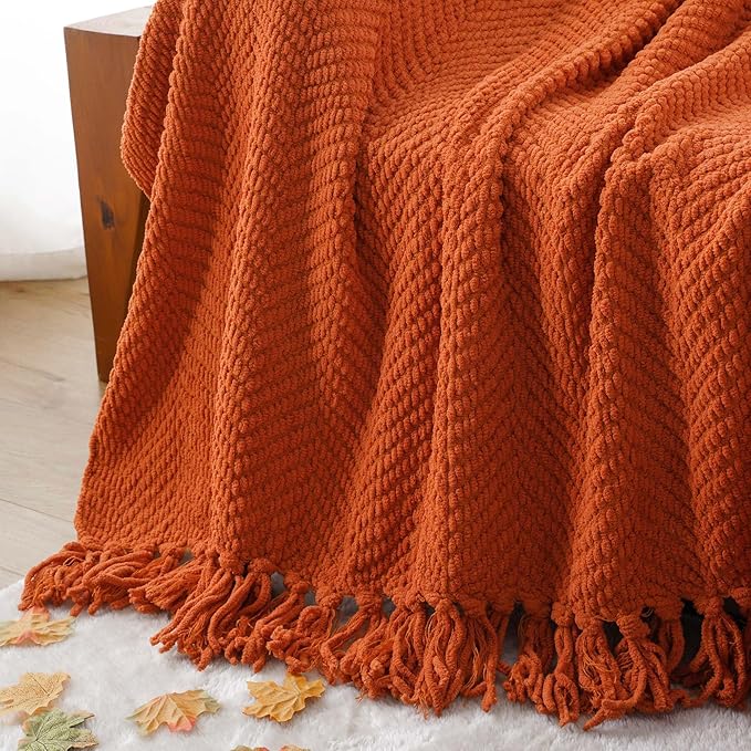 BATTILO HOME Burnt Orange Throw Blanket for Couch, Knit Fall Decor Blanket Versatile for Chair, Decorative Halloween Blanket with Tassels for Bed, 60" x 80"