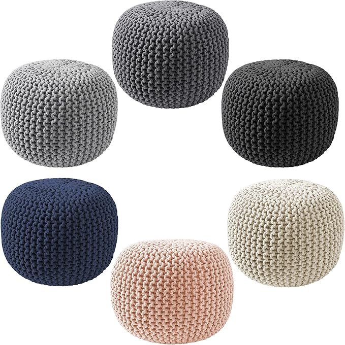Casafield Round Pouf Ottoman, Light Gray - 20" Diameter x 14.5" High Cotton Knit Foot Stool - Boho Floor Pouffe for Living Room, Bedroom, Home Office