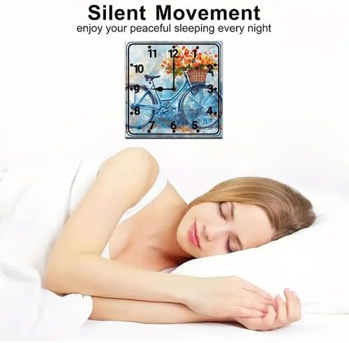 FemiaD Bicycle with Flowers Wall Clock 10inch Silent Non Ticking Battery Operated Square Clocks Farmhouse Round Wooden Art for Living Room Bedroom Bathroom Office