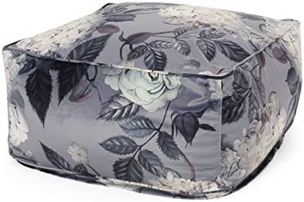 Foamma Pouf Ottoman Gray+ Flower, 24"x24"x12" - Square Ottoman Foot Rest for Living Room and Bedroom, Pouf Footstool with Velvet Cover, Foot Rest for Couch, Boho Furniture for Home