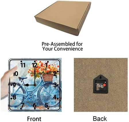 FemiaD Bicycle with Flowers Wall Clock 10inch Silent Non Ticking Battery Operated Square Clocks Farmhouse Round Wooden Art for Living Room Bedroom Bathroom Office
