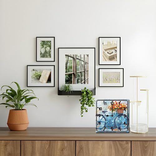 FemiaD Bicycle with Flowers Wall Clock 10inch Silent Non Ticking Battery Operated Square Clocks Farmhouse Round Wooden Art for Living Room Bedroom Bathroom Office