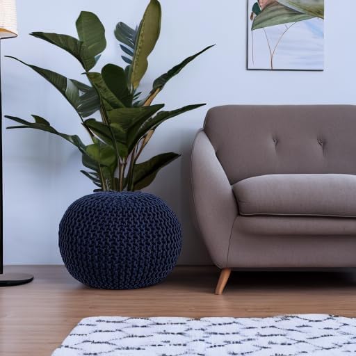 FRELISH DECOR Round Pouf Ottoman Hand Knitted 100% Cotton Pouf Foot Stool - Knitted Bean Bag - Floor Chair for Living Room Bedroom - Foot Rest for Couch (20 Diameter x 14 Height) - Navy