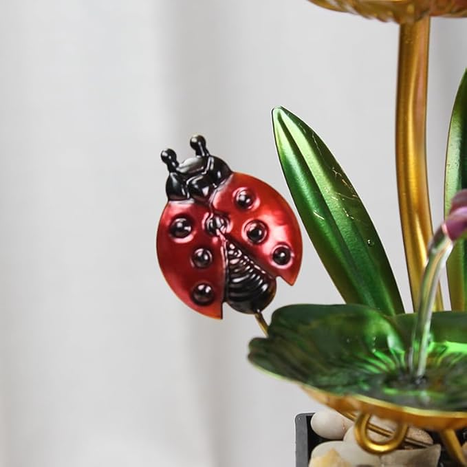 TiCin USB-Powered 3 Tier Tabletop Fountain, Metal Pedals with Insects, Natural River Rocks, and Reflective Lighting! for Home and Office Decor, Housewarming Sculpture