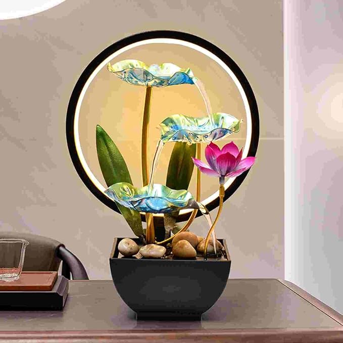 Indoor Tabletop Tiered Water Fountain 3 Level Tabletop Waterfall Meditation Fountain Includes Many Natural River Rocks LED Lights Relaxing Small Water Feature for Desk or Home Decor