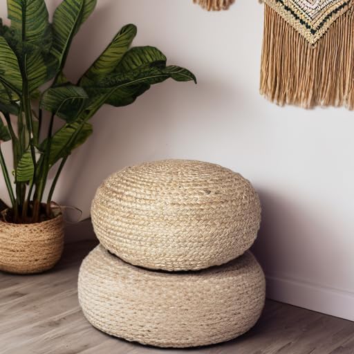 Decor Therapy Round Pouf Ottoman Footrest, Natural Jute Woven, Boho Pouf, Bohemian Style Casual Seating for Living Room, Bedroom, Patio Decor 19"x 19"x 10.5"