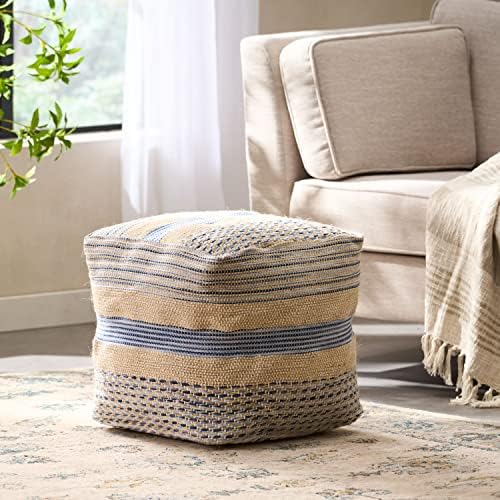Foamma Pouf Ottoman Natural Blue, 16"x16"x16" - Square Ottoman Foot Rest for Living Room and Bedroom, Pouf Footstool with Handcrafted Wool Cover, Foot Rest for Couch, Boho Furniture for Home