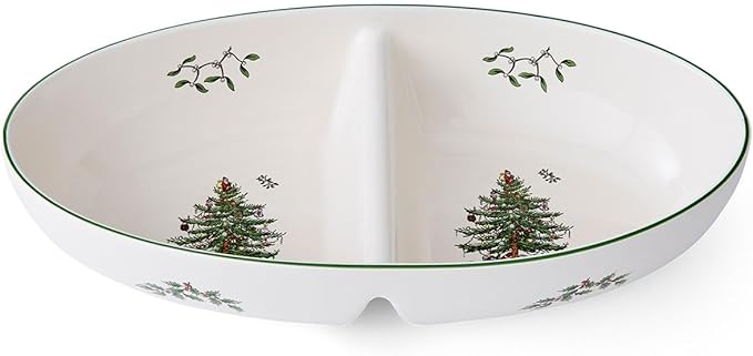 Spode Christmas Tree Divided Server, 9-Inch Round Festive Serveware, Holiday Entertaining Platter for Side Dishes, Dips, Salads - Fine Porcelain, Dishwasher & Microwave Safe, Christmas Tableware