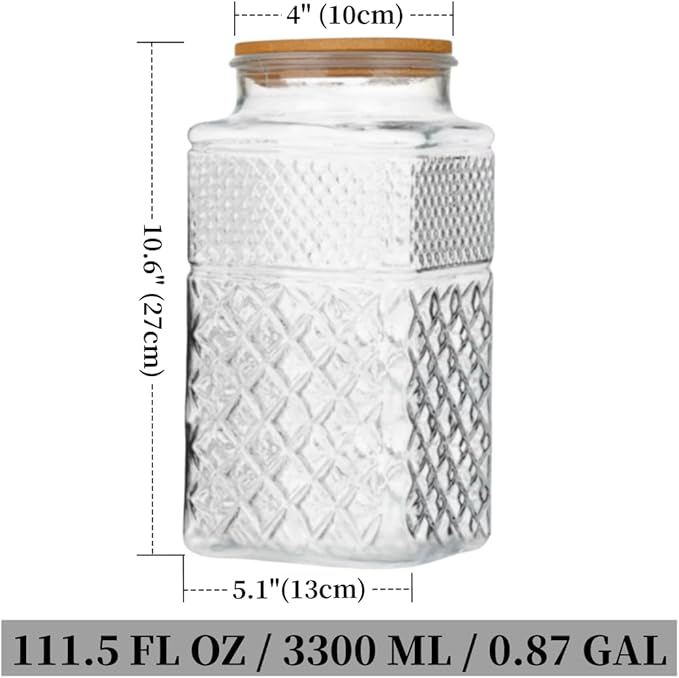 0.87 Gallon /111.5oz Glass Jar with Bamboo Lid, Large Cookie Jar, Glass Food Storage Container, Large Kitchen Canisters for Flour, Cereal, Coffee, Pasta and Canning, Square Mason Jars