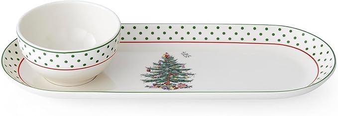 Spode Christmas Tree 2-Piece Polka Dot Chip and Dip Serving Set - 13-Inch Oval Plate with Dip Bowl - Festive Christmas Serveware, Durable Porcelain, Dishwasher, Microwave, Freezer Safe