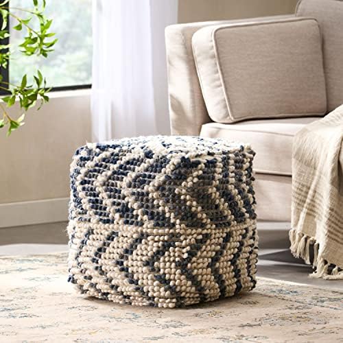 Foamma Pouf Ottoman Natural and Blue, 16"x16"x16" - Square Ottoman Foot Rest for Living Room and Bedroom, Pouf Footstool with Handcrafted Wool Cover, Foot Rest for Couch, Boho Furniture for Home