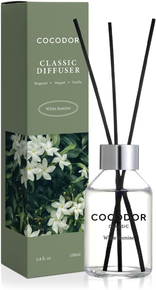 COCODOR Classic Reed Diffuser/White Jasmine/3.4oz(100ml)/1 Pack/Fragrance Scent Essential Oil with Stick Diffuser Set for Home Bathroom Shelf Décor