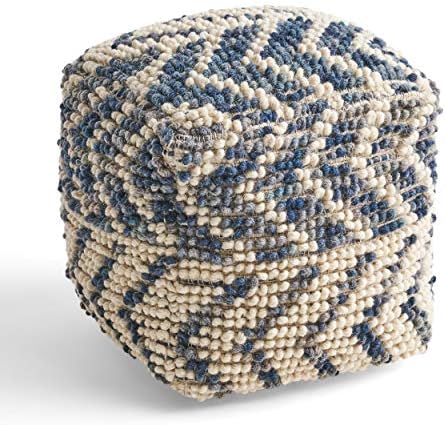Foamma Pouf Ottoman Natural and Blue, 16"x16"x16" - Square Ottoman Foot Rest for Living Room and Bedroom, Pouf Footstool with Handcrafted Wool Cover, Foot Rest for Couch, Boho Furniture for Home