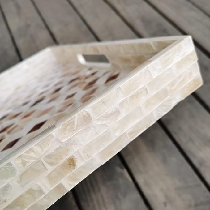 I-lan 18 Inch Mother of Pearl Square Serving Trays with Handles and 2”Wall, Large Brown Ottoman Tray with Rhombus Inlay Nacre, Decorative Lacquer Wooden Shell Tray for Food, Catering, Display,L