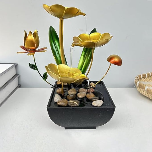 Water Fountain Indoor Waterfall Fountain Tabletop Fountain Lotus Desk Fountains mall Water Fountain Indoor Mini Waterfall Waterfall Iron Home Decor for Office Decoration (Golden C)